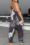 White Purple Cartoon Print Backless Spaghetti Strap Vacation Casual Loose Harem Cami Jumpsuits