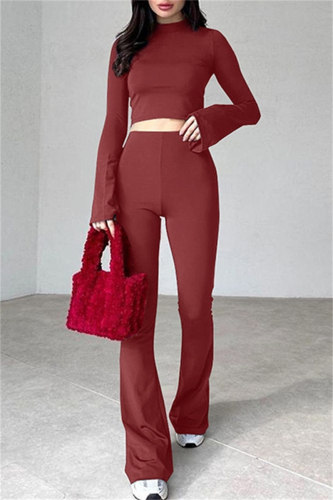 Brick Red O Neck Long Sleeve Crop Tops And Flare Leg Pants Casual Sportwear Two Pieces Trouser Sets