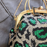 Rose Red Leopard Print Sequins Metal Buckle Shoulder Bag Chain Bag
