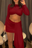 Red O Neck Long Sleeve Crop Tops And Ruched Sash Mini Skirt Formal Evening Party Prom Two Pieces Dress Sets