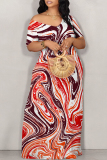 Rose Geometric Print O Neck Short Sleeve Floor Length Casual Outing Plus Size Straight Loose Maxi Dress
