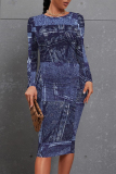 Light Blue Faux Denim Print O Neck Long Sleeve Long Casual Outing Bodycon Maxi Dress