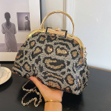 Rose Red Leopard Print Sequins Metal Buckle Shoulder Bag Chain Bag