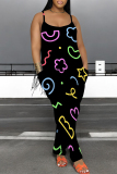 White Purple Cartoon Print Backless Spaghetti Strap Vacation Casual Loose Harem Cami Jumpsuits