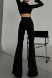 Brick Red O Neck Long Sleeve Crop Tops And Flare Leg Pants Casual Sportwear Two Pieces Trouser Sets