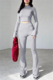 Brick Red O Neck Long Sleeve Crop Tops And Flare Leg Pants Casual Sportwear Two Pieces Trouser Sets