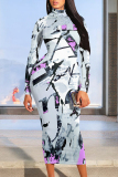 Dark Purple Flowers Geometric Print Half A Turtleneck Long Sleeve Casual Street Bodycon Maxi Dress