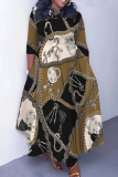 Camel Graphics Print O Neck 3/4 Sleeve Belted Waist Casual Outing Plus Size Straight Loose Maxi Dresses