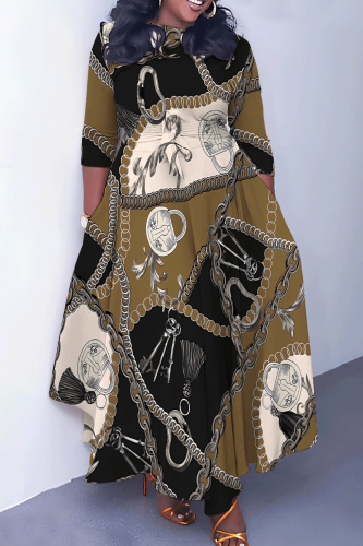 Camel Graphics Print O Neck 3/4 Sleeve Belted Waist Casual Outing Plus Size Straight Loose Maxi Dresses