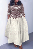 Dark Green Graphics Print O Neck 3/4 Sleeve Belted Waist Casual Outing Plus Size Straight Loose Maxi Dresses