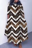 Dark Green Graphics Print O Neck 3/4 Sleeve Belted Waist Casual Outing Plus Size Straight Loose Maxi Dresses