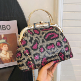 Rose Red Leopard Print Sequins Metal Buckle Shoulder Bag Chain Bag