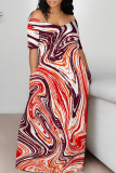 Rose Geometric Print O Neck Short Sleeve Floor Length Casual Outing Plus Size Straight Loose Maxi Dress