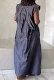 Grey O Neck Sleeveless Pocket Long Casual Loose Vacation Ruched Maxi Dresses