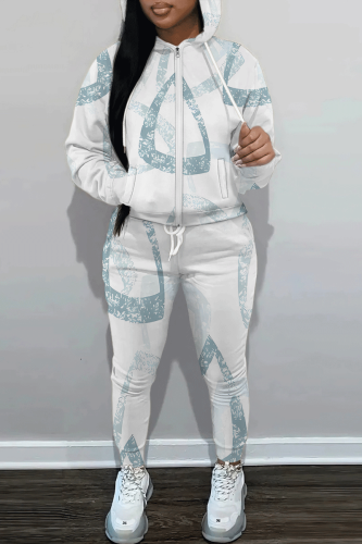 White Graphcis Print Zipper Hooded Long Sleeve Sweatshirt And Pants Two Pieces Jogger Sets