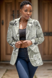 Light Green Graphcis Print Buttons Turn-back Collar Long Sleeve Formal Office Casual Blazer Jackets