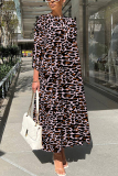 Purple Leopard Print O Neck 3/4 Sleeve Long Loose Vacation Casual Pleated Maxi Dresses
