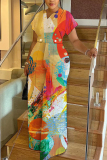 Pink Graphcis Print V Neck Short Sleeve Casual Vacation Wide Leg Jumpsuits