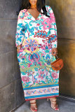 White Blue Casual Graffiti Print V Neck Long Sleeve Ankle Length Casual Outing Plus Size Straight Loose Maxi Dress