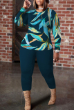 Navy Blue Leaf Print O Neck Long Sleeve Blouse And Skinny Pants Casual Two Pieces Trouser Sets