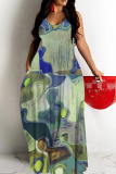 White Green Graphics Print Backless Sleeveless Spaghetti Strap Floor Length Vacation Baggy Sundress Slip Maxi Dress