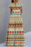 Light Purple Vacation Casual Colorblock Abstract Print V Neck Short Sleeve Wide Leg Jumpsuits