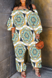 Blue Orange Graphics Boho Print Off Shoulder Long Sleeve Vacation Casual Harem Leg Jumpsuits