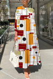 Pink Graphics Print O Neck 3/4 Sleeve Long Loose Vacation Casual Pleated Maxi Dresses