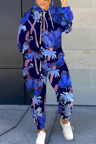 Blue Graphics Print Long Sleeve Hooded Sweatshirt and Skinny Pant Casual Sportwear Plus Size Two Piece Jogger Set