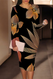 Black Orange Geometric Print O Neck Long Sleeve Casual Outing Bodycon Pencil Midi Dress