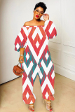 Light Red Graphics  Print Off Shoulder Long Sleeve Casual Vacation Harem Leg Jumpsuits