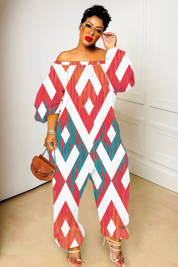 Light Red Graphics  Print Off Shoulder Long Sleeve Casual Vacation Harem Leg Jumpsuits