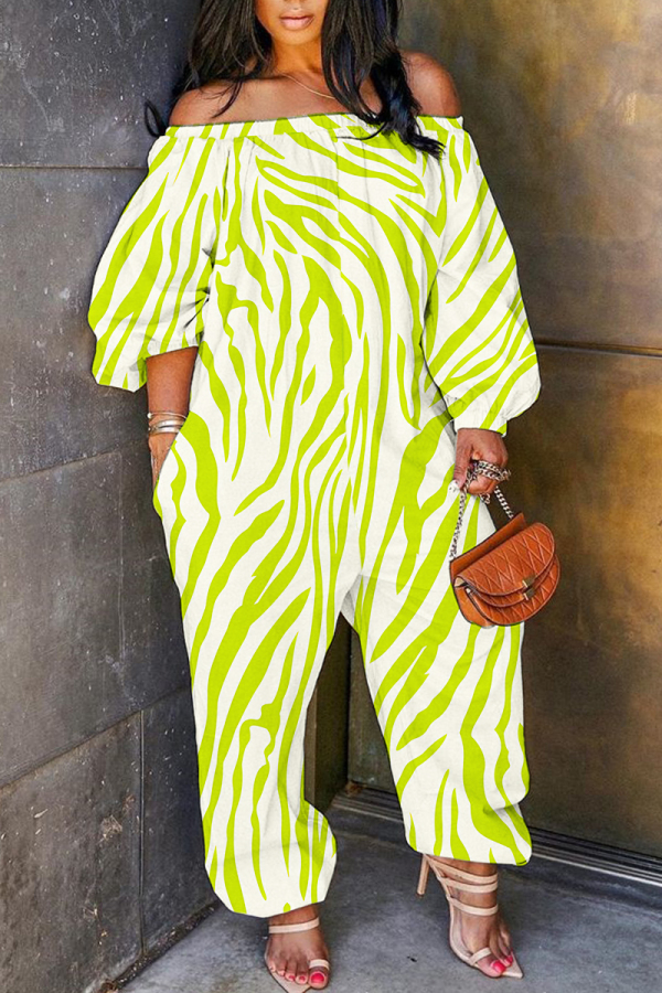 Fruit Green Graphics Boho Print Off Shoulder Long Sleeve Vacation Casual Harem Leg Jumpsuits
