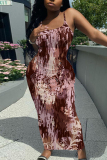 Multicolor Graphic Print Sleeveless Backless Spaghetti Strap Summer Outings Vacation Bodycon Maxi Slip Dress