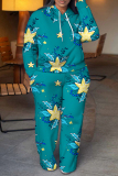 Lake Blue Floral Print Long Sleeve Hooded Sweatshirt And Pant Casual Sportwear Two Piece Jogger Set
