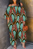 Blue Orange Graphics Boho Print Off Shoulder Long Sleeve Vacation Casual Harem Leg Jumpsuits