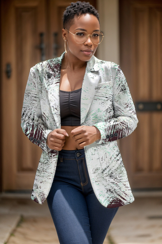 Light Green Graphcis Print Buttons Turn-back Collar Long Sleeve Formal Office Casual Blazer Jackets