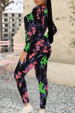 Black Floral Print Long Sleeve O Neck Sweatshirt And Skinny Pant Casual Sportwear Plus Size Two Piece Jogger Set