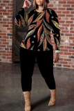 Navy Blue Leaf Print O Neck Long Sleeve Blouse And Skinny Pants Casual Two Pieces Trouser Sets