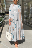 Pink Graphics Print O Neck 3/4 Sleeve Long Loose Vacation Casual Pleated Maxi Dresses