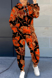 Blue Graphics Print Long Sleeve Hooded Sweatshirt and Skinny Pant Casual Sportwear Plus Size Two Piece Jogger Set