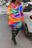 Yellow Graphics Print V Neck Long Sleeve Pockets Loose Casual Mini Dresses