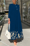 Dark Grey Graphics Print O Neck 3/4 Sleeve Long Loose Vacation Casual Pleated Maxi Dresses