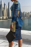 Dark Blue Faux Denim Print O Neck Long Sleeve Casual Outing Bodycon Pencil Midi Dress