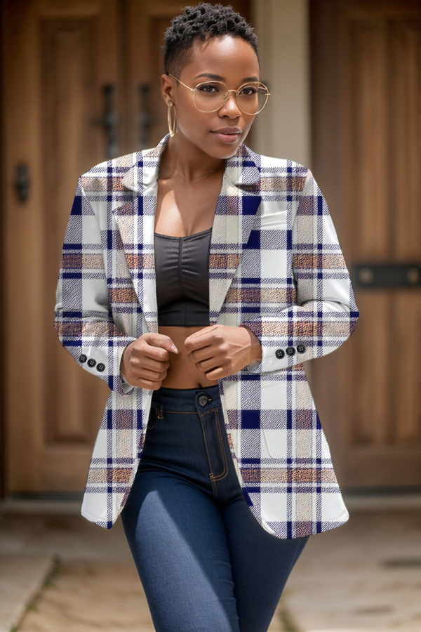 Multicolor Plaid Print Buttons Turn-back Collar Long Sleeve Formal Office Casual Blazer Jackets