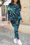 Purple Gradient Geometric Print Long Sleeve Hooded Sweatshirt And Skinny Pant Casual Sportwear Two Piece Jogger Set