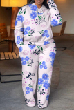 Lake Blue Floral Print Long Sleeve Hooded Sweatshirt And Pant Casual Sportwear Two Piece Jogger Set
