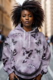 Black Pink Letter Figure Print Long Sleeve Loose Fall Winter Hooded Sweatshit