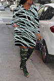 Yellow Graphics Print V Neck Long Sleeve Pockets Loose Casual Mini Dresses