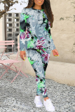 Black Floral Print Long Sleeve O Neck Sweatshirt And Skinny Pant Casual Sportwear Plus Size Two Piece Jogger Set